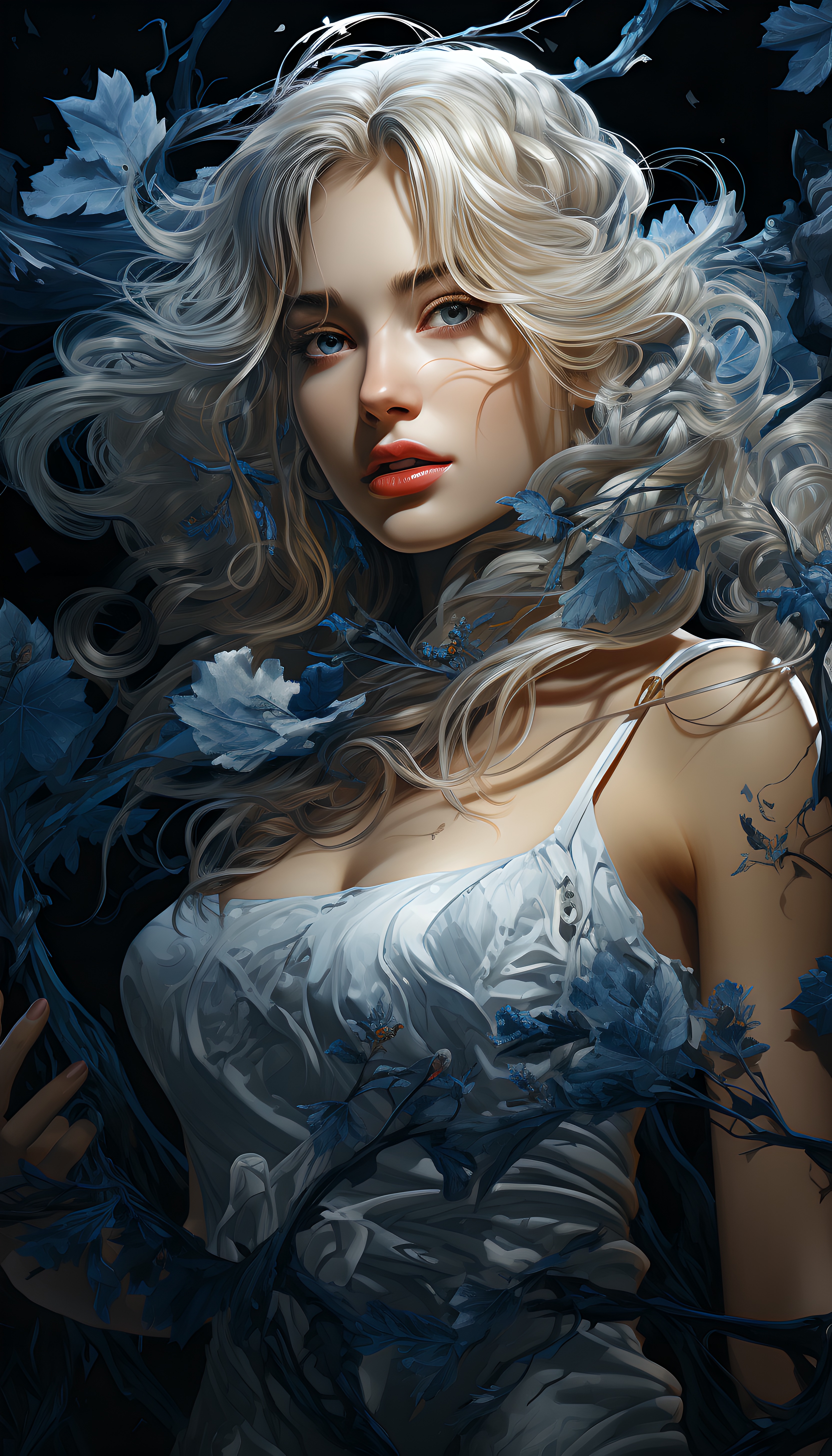 Beautiful girl with blue eyes, high detail, blue scene, hauntingly beautiful illustration
